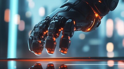 Poster - Futuristic robotic hand reaching towards a reflective surface, highlighted by glowing orange and blue accents, set against a blurred urban cityscape background