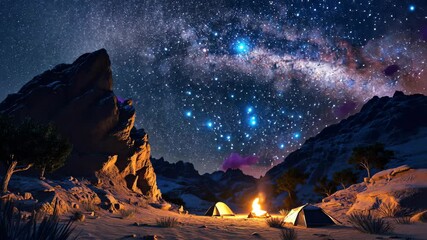 Wall Mural - desert landscape under a star-filled sky, with a campfire crackling and tents glowing faintly
