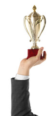 Wall Mural - man with golden trophy cup on white background, closeup