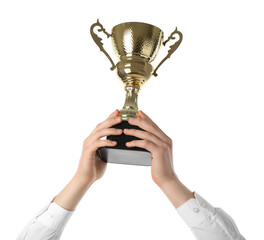 Wall Mural - man with golden trophy cup on white background, closeup