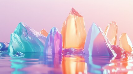 Poster - Vibrant Crystal Formations Reflecting Light Over a Serene Water Surface at Sunset in a Dreamy Landscape