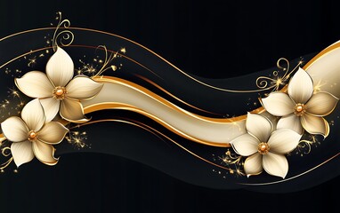 Wall Mural - Elegant gold flowers on black ribbon. Decorative background image. Possible use wallpaper, greeting card