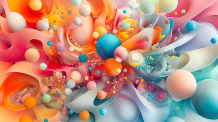 Poster - Colorful Abstract Design With Swirling Shapes and Spheres in Vibrant Tones and a Soft Gradient Backdrop