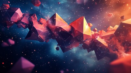 Poster - Vivid Cosmic Scene Featuring Floating Geometric Shapes in a Colorful Star-Filled Space