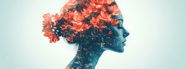 Wall Mural - Woman with floral hair on a light background, serene expression