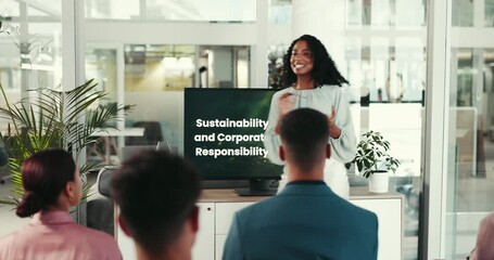 Poster - Business people, presentation and group with screen for sustainability, training or coaching as team. Speaker, technology and communication for corporate responsibility, office or innovation strategy