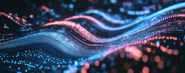 Poster - Abstract Data Waves Flowing Dynamically Across Screen, Illuminated in Vivid Hues of Blue and Red, Creating a Captivating Digital Landscape.