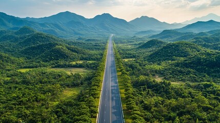 Poster - A tranquil expanse of a winding road meanders through a dense forest, framed by majestic mountains under a pastel sky during dusk. Nature's beauty showcases harmony and adventure
