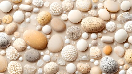 Poster - Serene natural textures with a collection of soft beige cream colored pebbles and stones in a minimalist abstract composition  Calming understated