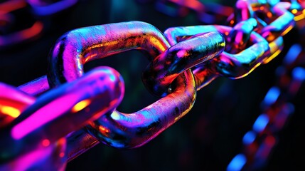 Poster - Vibrant Close-Up of a Metallic Chain With Neon Reflections Illuminated in a Dark Environment