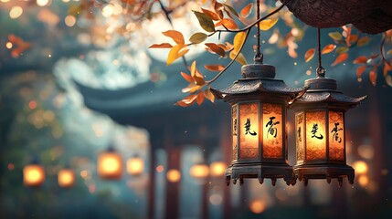 Poster - Glowing autumn lanterns hanging among the vibrant foliage in an idyllic oriental garden creating a serene and enchanting atmosphere under the nighttime sky  The lanterns  warm glow