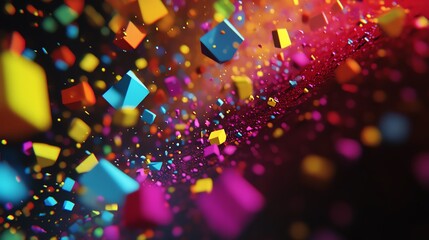 Poster - Colorful Geometric Shapes Floating in a Vibrant Digital Space Filled With Particles