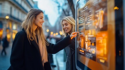 Two young women use a digital kiosk on a city street.  Warm light enhances the scene.
