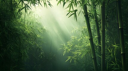 Poster - Lush dense bamboo forest with sun rays shining through the foliage creating a serene and tranquil ambiance  Verdant and vibrant green leaves and stems in a natural tropical setting