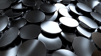 Poster - Glossy Dark Metallic Disks Piled in an Abstract Arrangement Showcasing Light Reflections and Shadows