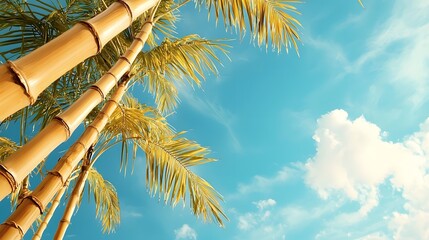Poster - Stunning tropical landscape with swaying bamboo and lush palm trees set against a vibrant azure blue sky with puffy white clouds