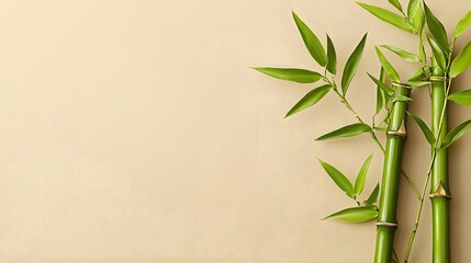 Poster - Lush green bamboo stalks and leaves on a clean beige background with ample copy space  The simple minimalist composition evokes a sense of tranquility wellness and Eastern inspired decor