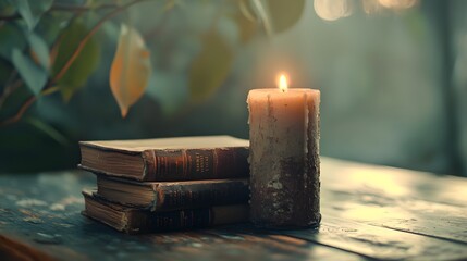 Poster - glowing candle and stacked vintage books in a cozy contemplative literary atmosphere with warm rusti