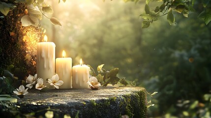 Poster - Glowing Candle Lights Illuminating Lush Forest Nature Landscape with Moss Covered Tree Trunks Leaves and Peaceful Ambiance  Cozy Romantic and Serene Outdoor Candle Scene