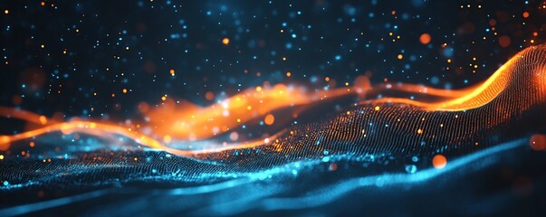Poster - Abstract Orange and Blue Particle Waves Flowing Dynamically Across the Screen