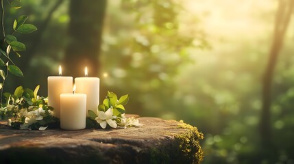 Poster - Glowing candles resting on a wooden surface surrounded by lush green foliage and plants in a peaceful natural setting  The calming serene atmosphere creates a sense of tranquility and harmony