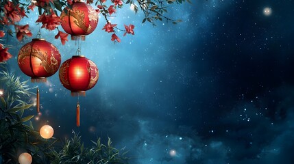 Poster - Glowing red Chinese lanterns hanging among a starry night sky during a festive cultural Illuminated lanterns representing auspicious symbols of prosperity and luck in traditional Asian holiday decor