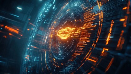 Poster - Digital Key Enters Futuristic System Interface: Abstract Technology Animation with Glowing Circuits and Data Streams