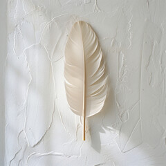 Poster - beautiful white feather delicately placed on textured white background, creating serene and minimali