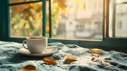 Poster - Cozy autumn afternoon spent relaxing by the window with a warm mug of coffee and the view of falling leaves outside  A tranquil serene moment of calm and comfort in a rustic natural setting