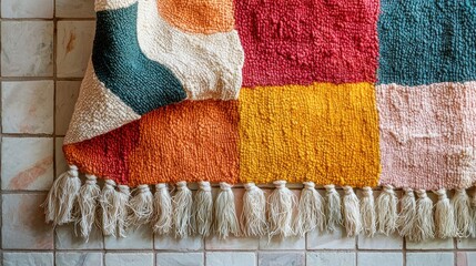 Poster - Colorful textured artwork brightens up a light grey tiled floor, featuring lively coral reds, warm yellows, and deep greens. A large tassel decoration adds charm and personality