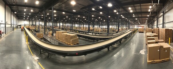 Poster - Automated Conveyor System Transports Packages Efficiently in Warehouse, Optimizing Logistics and Distribution Network.