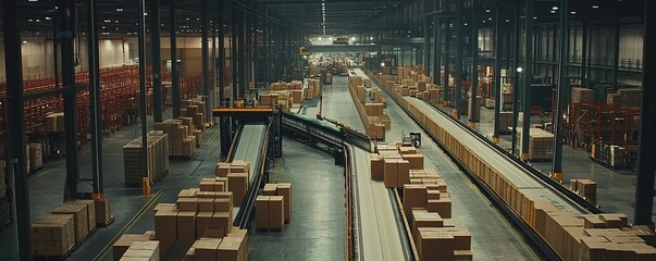 Poster - Automated Warehouse: Conveyor Belts Efficiently Transport Packages Through Modern Facility with High-Tech Systems, Improving Logistics.