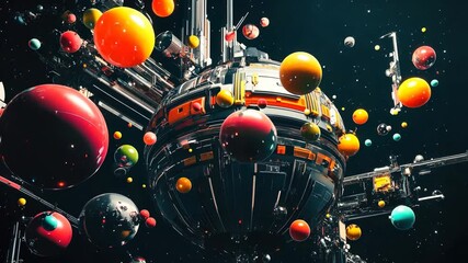 Wall Mural - futuristic space station surrounded by colorful spheres, isolated in dark space, sci-fi and surreal,