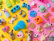 © NIPAPORN - A vibrant montage of pet care products and animals for a pet brand. Heartwarming. Lively and cheerful colors.