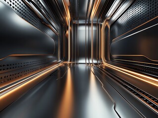 Poster - Futuristic Hallway Featuring Sleek Metallic Walls and Glowing Orange Accents in a High-Tech Environment
