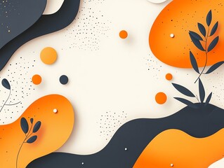 Poster - Colorful Abstract Background With Organic Shapes and Botanical Elements in Orange and Navy Blue Tones