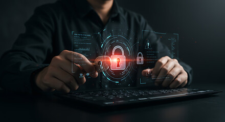 man interacting with digital security lock interface on laptop