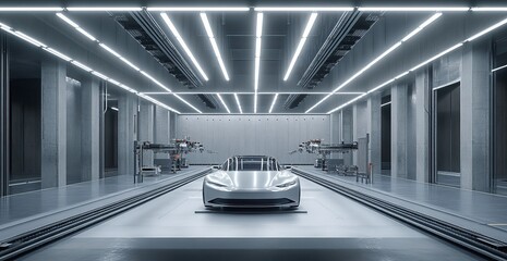 Poster - Futuristic Vehicle Assembly: Automated Production Line in Modern Factory Setting with Sleek Design and Bright Lighting