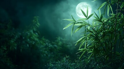 Poster - Moonlit Bamboo Forest   Dreamlike and Mysterious Jungle Landscape with Lush Green Foliage Mist and Fog Creating an Ethereal Magical and Enchanted Atmosphere