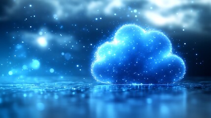 Poster - A glowing cloud floats above a shimmering reflective surface in a dark blue digital space