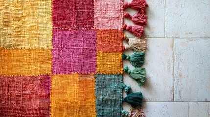 Poster - A colorful tapestry featuring warm coral reds, soft oranges, and pastel pinks rests on a light grey floor. Its delightful tassels add charm, enhancing the inviting atmosphere of the room