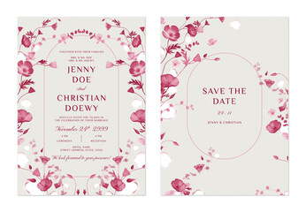 Wall Mural - wedding invitation and save the date template set of delicate pink floral arranged in a graceful, arching pattern on a gray background, adding a classic and elegant feel