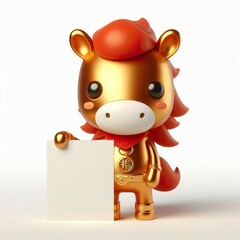 Wall Mural - Cute character 3D image of a red gold horse holding a blank paper with a happy face on a white background