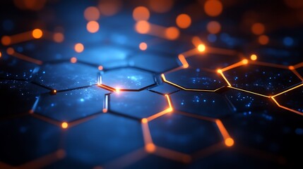 Poster - Abstract Technology Background with Glowing Hexagons and Connecting Lines, futuristic network