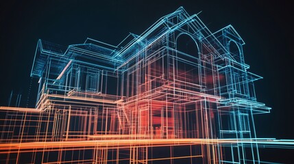 Poster - A Detailed Architectural Blueprint of a Multi-Story Building with Blue and Orange Lines