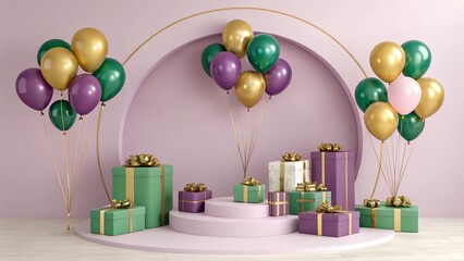 Wall Mural - Festive display with purple, green, and gold balloons, decorated gifts, and circular backdrop, perfect for celebrations and events
