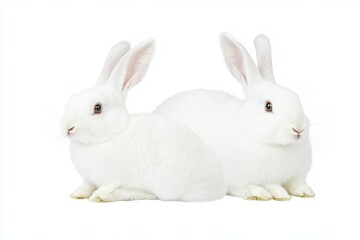 Two white rabbits are sitting next to each other on a white background