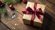 © BokehBox - A thoughtfully wrapped gift rests on a rustic wooden surface, adorned with festive greenery and ornaments, hinting at the joy of giving during the holiday season.