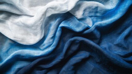 Poster - Natural indigo dye displays an artistic flow across soft cotton fabric, showcasing a captivating blue and white pattern with ample space for text and design integration