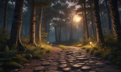 Wall Mural - A tranquil forest pathway at dusk, illuminated by the soft light of a full golden moon overhead, trees, serene atmosphere, golden moon